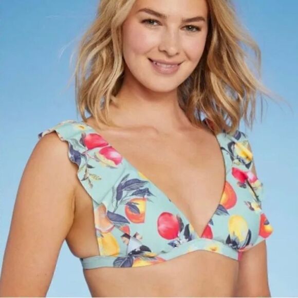 Kona Sol Soft Ruffle Strap Bralette Bikini Top Fruit Print Sage Green NWT M - Picture 1 of 11